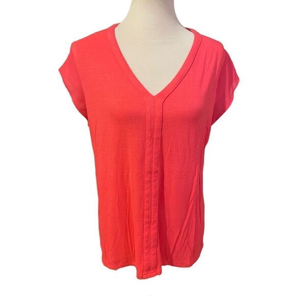 Liz Claiborne Womens Tops V Neck Semi Sheer Sleeve Coral Large - Picture 2 of 10